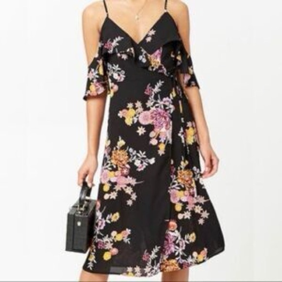 BAND OF GYPSIES | Black Floral Midi Off the Shoulder Faux Wrap Dress - Picture 1 of 14